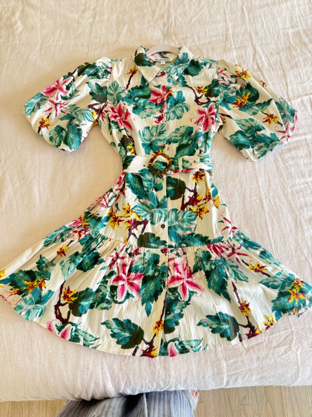 Walter Baker White Mini Shirt Dress with Pink & Green Floral Print